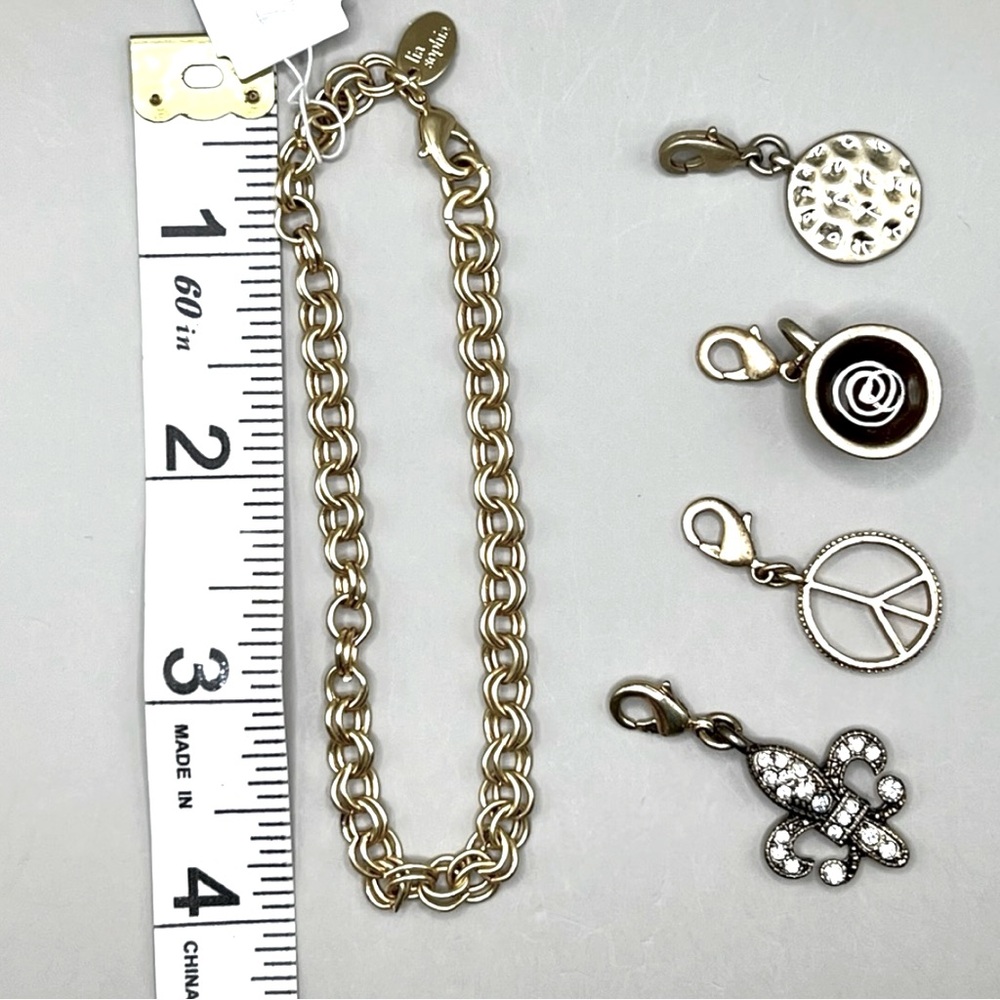 NWT lia sophia Charm bracelet with 4 removable charms, 8”, matte gold, Cute! - Picture 7 of 12